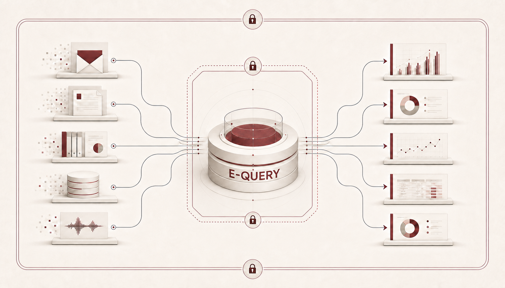 Conceptual architecture showing enterprise knowledge sources flowing through a protected intelligence layer into grounded business insights